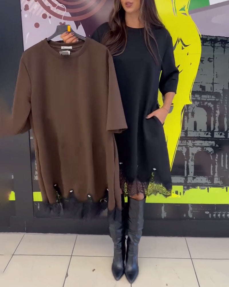 Chic Round Neck Dress with Elegant Lace Detailing