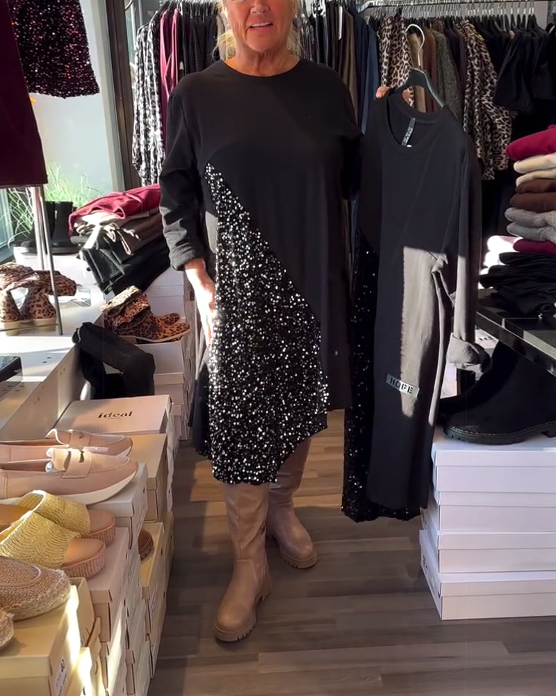 Sequin-Embellished Crew Neck Dress