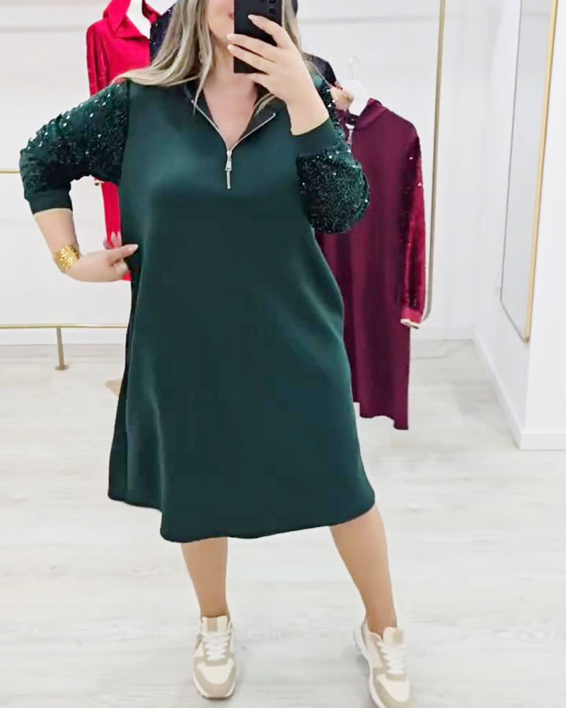 Sequin Patchwork Hooded Zip Dress