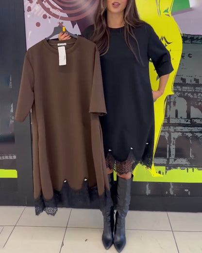 Chic Round Neck Dress with Elegant Lace Detailing