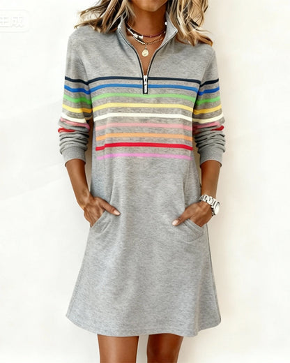 Rainbow Striped Half-Zip Dress