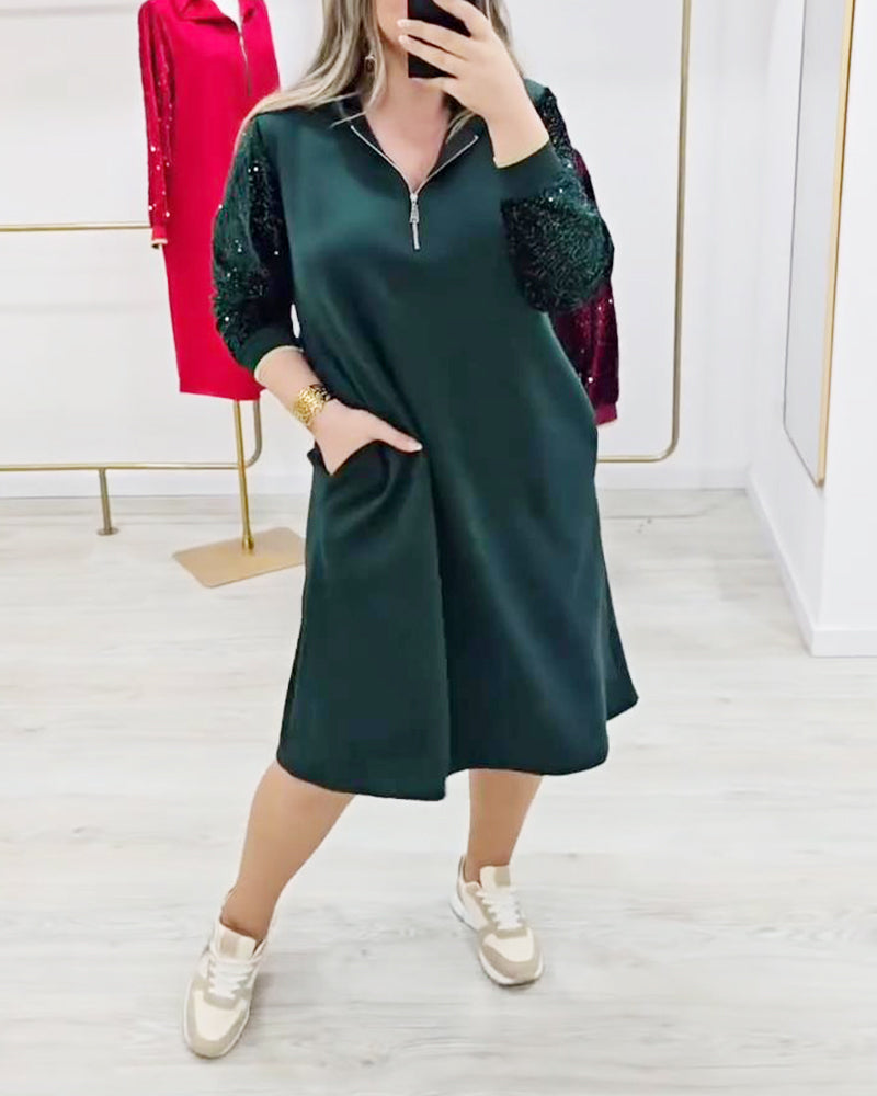 Sequin Patchwork Hooded Zip Dress